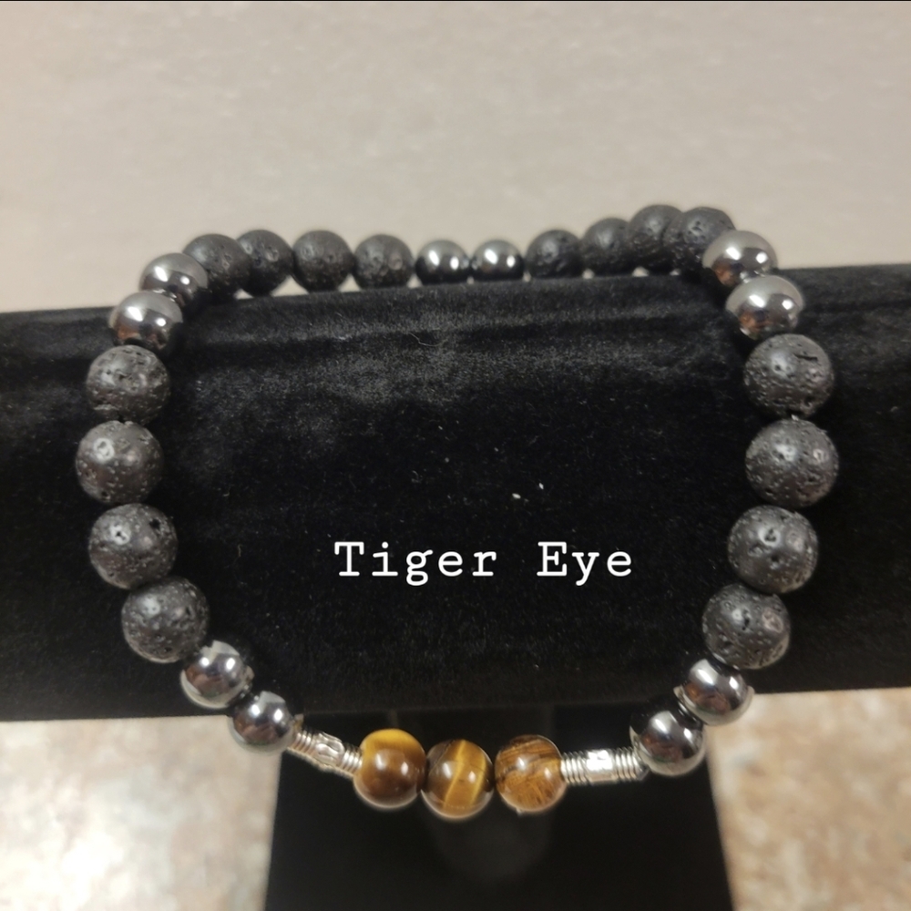 Handcrafted Men's Silver, Black Lava, Hematite, and Tiger Eye Stretch Bracelet